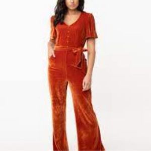 Unique Vintage Burnt Orange Velvet Heddy Jumpsuit